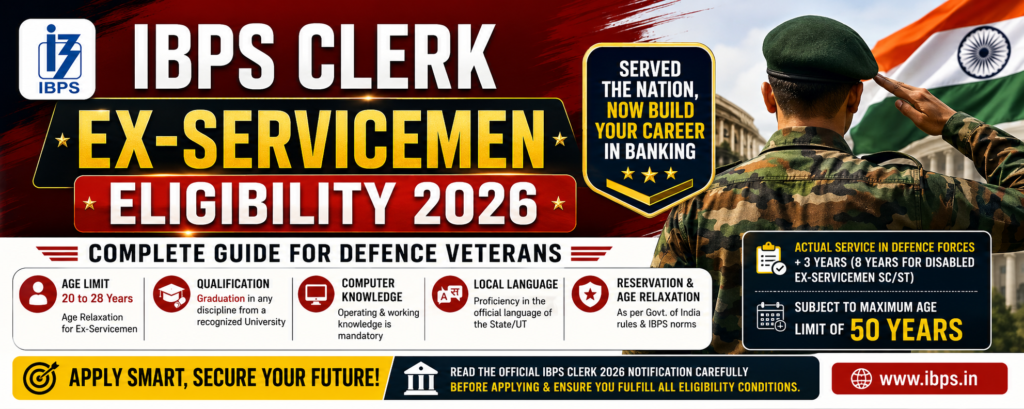 Hero banner for IBPS Clerk Ex-Servicemen Eligibility 2026 showing a soldier saluting the Indian flag with age limit, age relaxation, qualification, and eligibility details.
