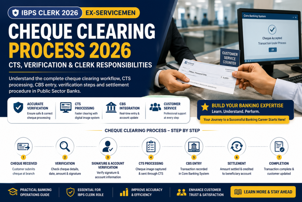 IBPS Clerk Ex-Servicemen Cheque Clearing Process 2026 hero banner showing cheque verification, CTS processing, Core Banking System (CBS), and bank clerk responsibilities in a Public Sector Bank.