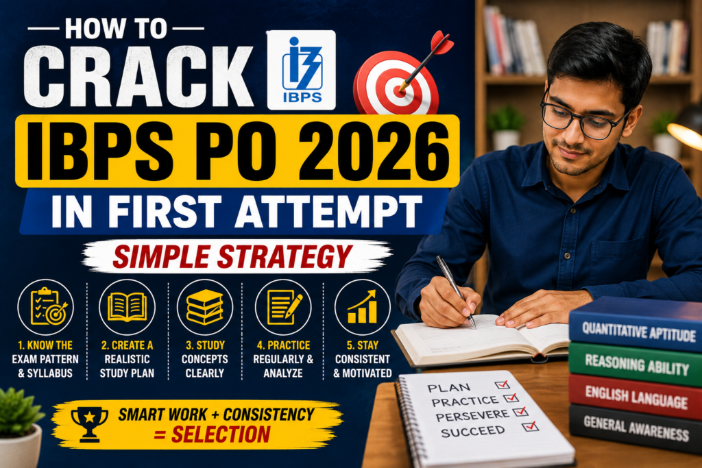 How to Crack IBPS PO 2026 in First Attempt banner showing a simple preparation strategy, study plan, and success tips