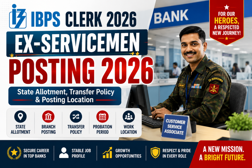 IBPS Clerk Ex-Servicemen Posting 2026 hero banner showing state allotment, branch posting, transfer policy, probation period, and posting location details.