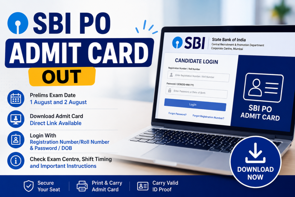 SBI PO Admit Card download banner with prelims call letter login page and exam details