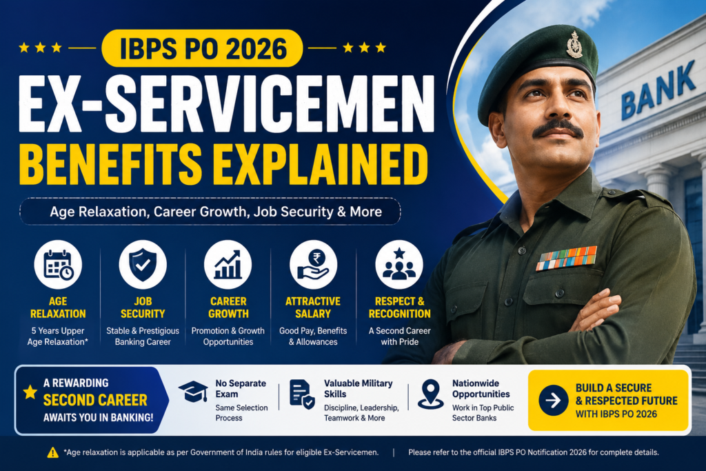 IBPS PO Ex-Servicemen Reservation 2026 hero banner featuring an Indian Army soldier saluting in front of a bank building, highlighting that there is no reservation for Ex-Servicemen in the Officer Cadre and explaining age relaxation, eligibility, and official rules.
