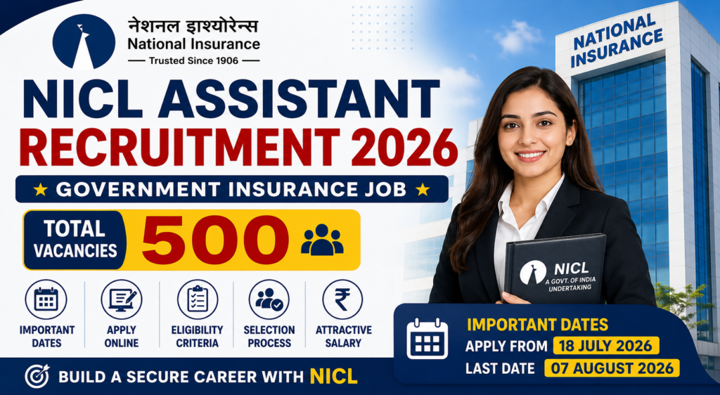NICL Assistant Recruitment 2026 hero banner showing 500 vacancies, important dates, eligibility, selection process and apply online details.