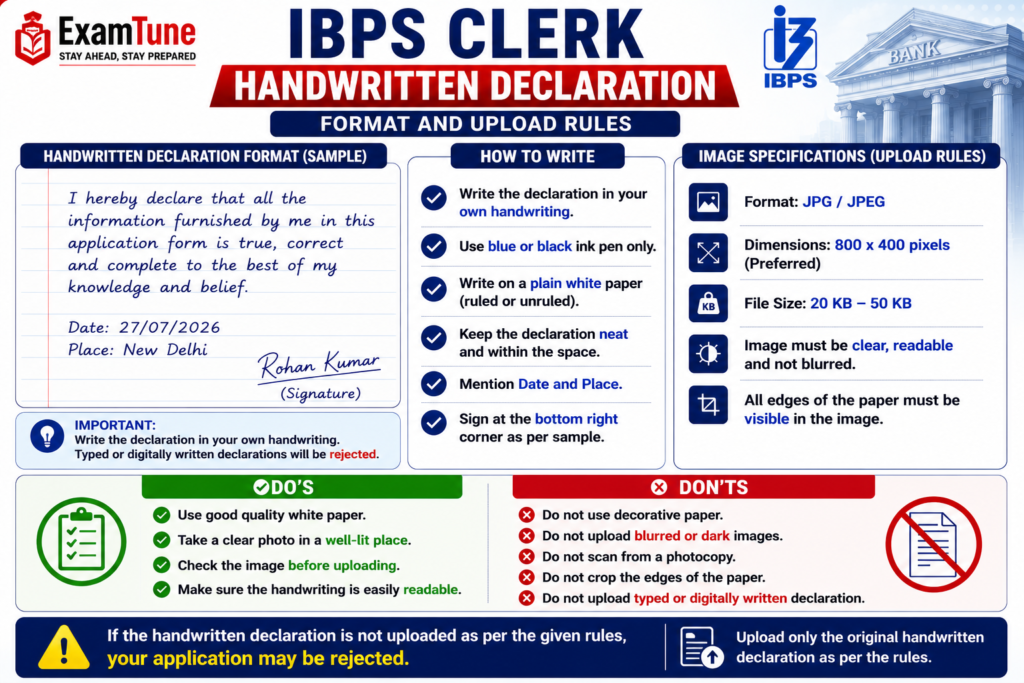 IBPS Clerk handwritten declaration format with image size, upload rules, and document guidelines