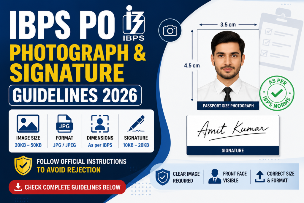 IBPS PO Photograph & Signature Guidelines 2026 banner showing passport-size photo specifications, signature format, image size, file format, and official upload instructions.