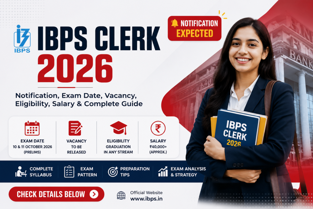 IBPS Clerk 2026 Notification hero banner featuring exam date, vacancy, eligibility, salary, syllabus, exam pattern, and preparation details.