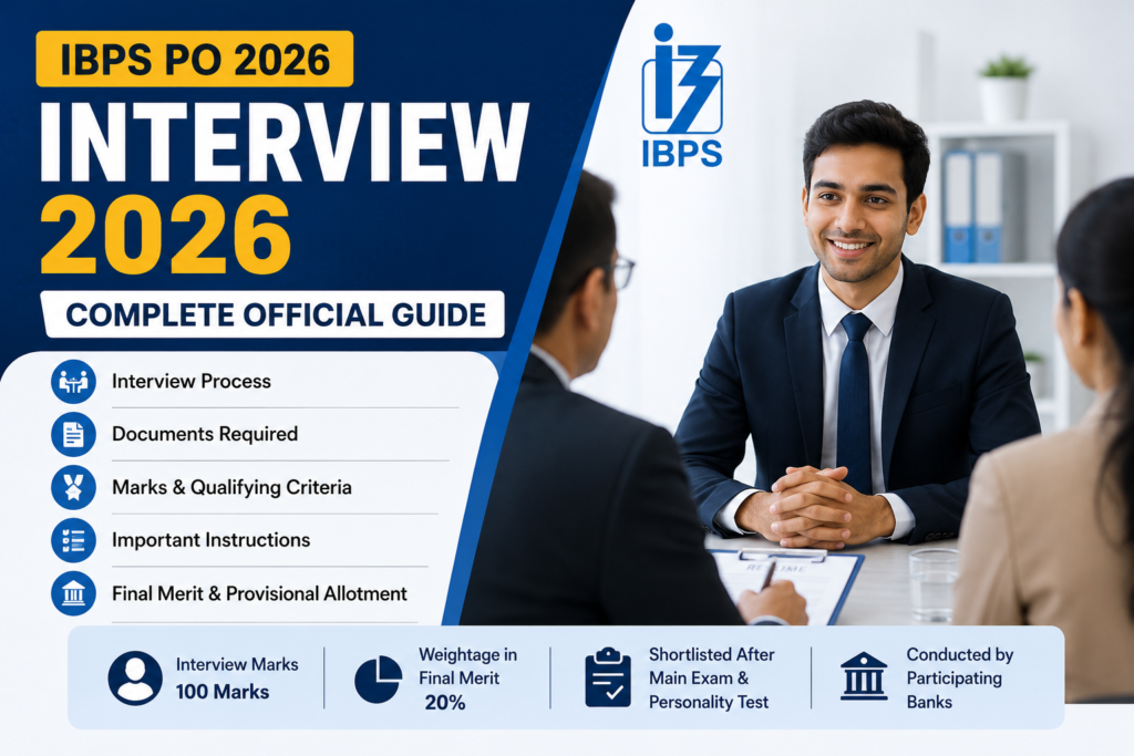 IBPS PO Interview 2026 banner illustrating the official interview process, interview marks, required documents, and final selection guidelines.