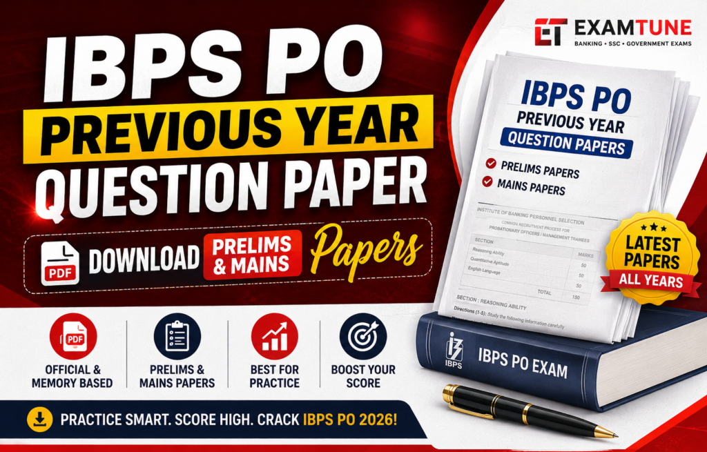 IBPS PO Previous Year Question Paper PDF banner featuring Prelims and Mains papers, official and memory-based question papers, download guide, and exam preparation resources for IBPS PO 2026.