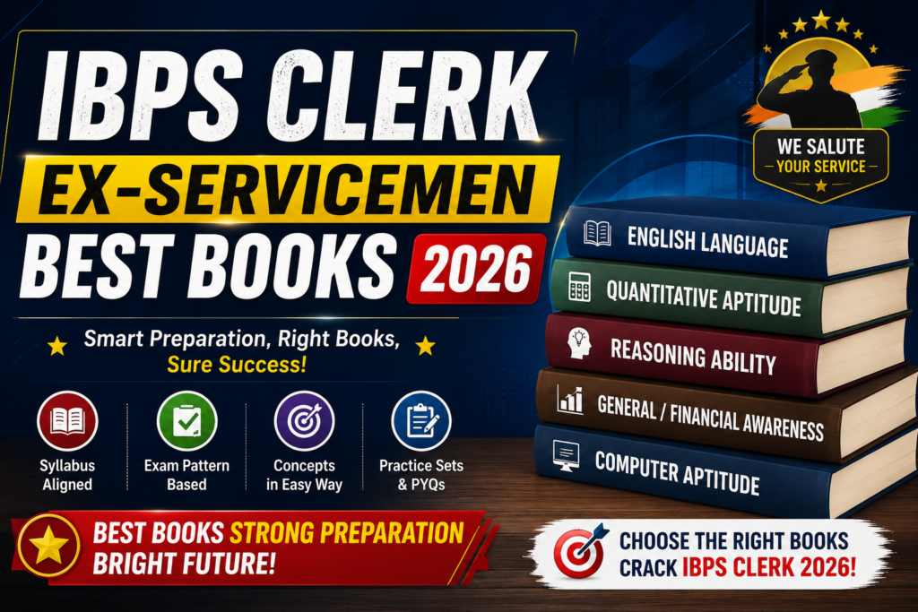Hero banner for IBPS Clerk Ex-Servicemen Best Books 2026 featuring subject-wise preparation books for English, Quantitative Aptitude, Reasoning, General Awareness, and Computer Aptitude.