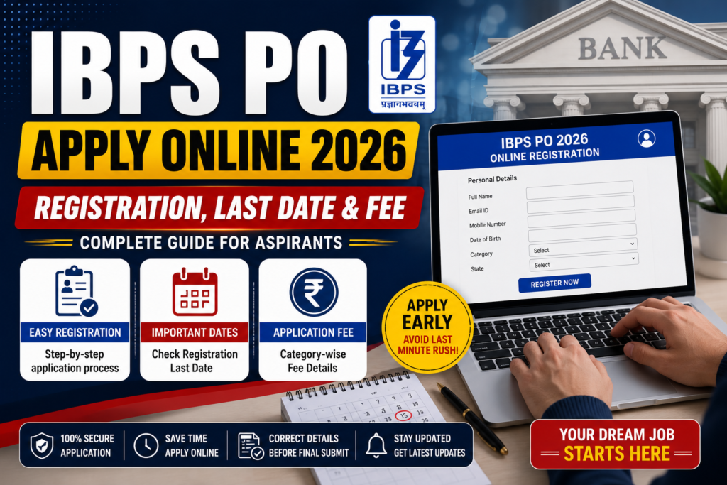IBPS PO Apply Online 2026 banner showing registration process, application fee, last date, online application form, and important registration details for candidates.