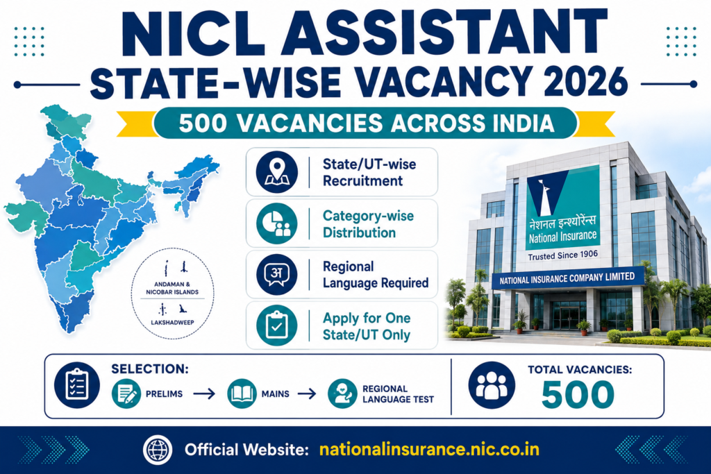 NICL Assistant State-wise Vacancy 2026 showing 500 Assistant vacancies across India