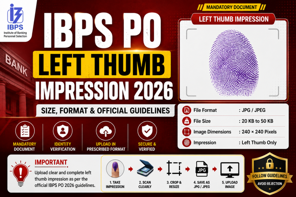 IBPS PO Left Thumb Impression 2026 banner showing the official left thumb impression guidelines, image size, file format, dimensions, and upload instructions.