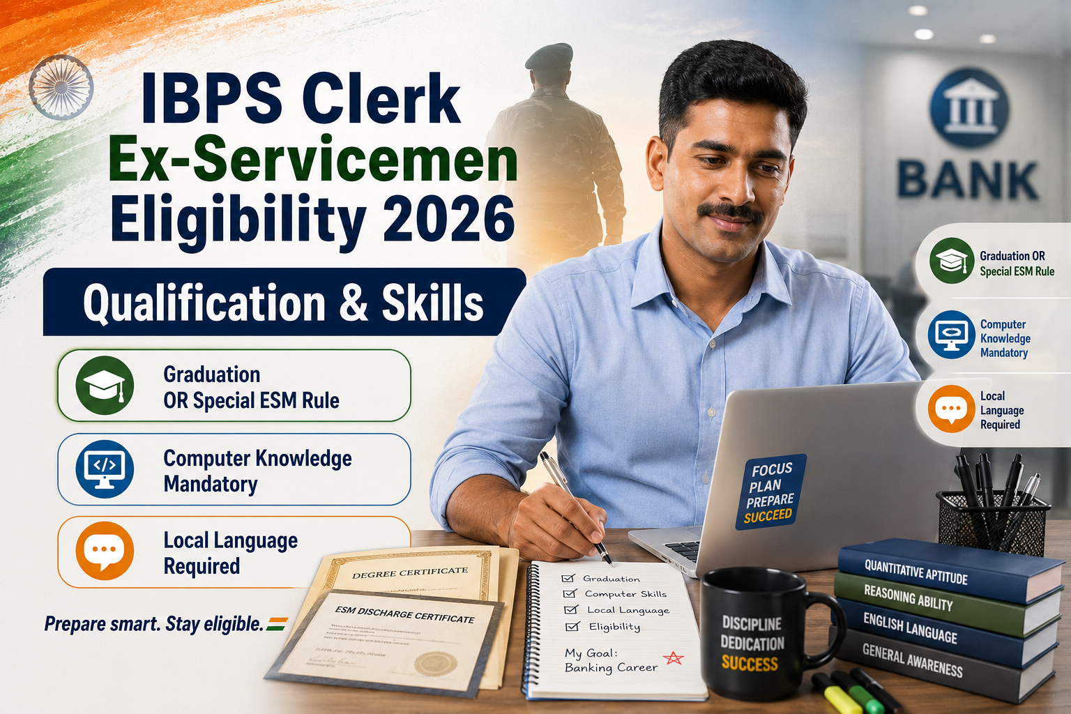 IBPS Clerk Ex-Servicemen qualification 2026 showing graduation special 15-year ESM service rule computer knowledge and local language
