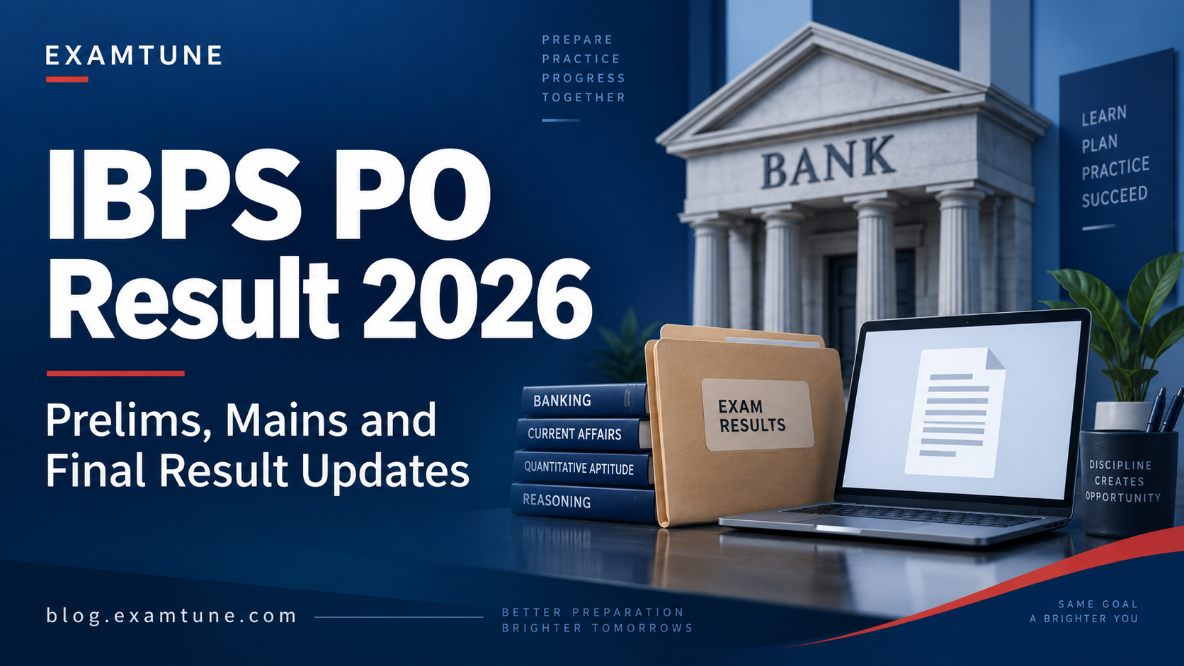 IBPS PO Result 2026 banner for Prelims, Mains and Final Result updates, featuring a bank building and laptop.