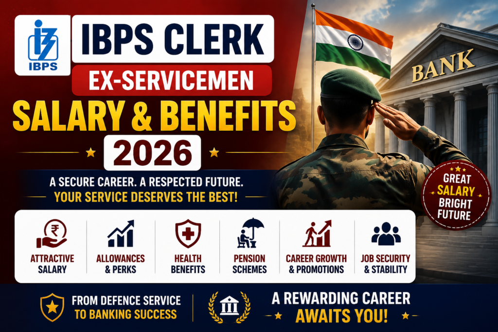 IBPS Clerk Ex-Servicemen Salary & Benefits 2026 banner showing salary structure, allowances, perks, career growth, and employee benefits for ex-servicemen candidates.