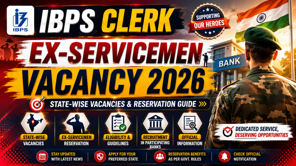 IBPS Clerk Ex-Servicemen Vacancy 2026 banner showing state-wise vacancies, reservation benefits, eligibility, and official recruitment guidelines.