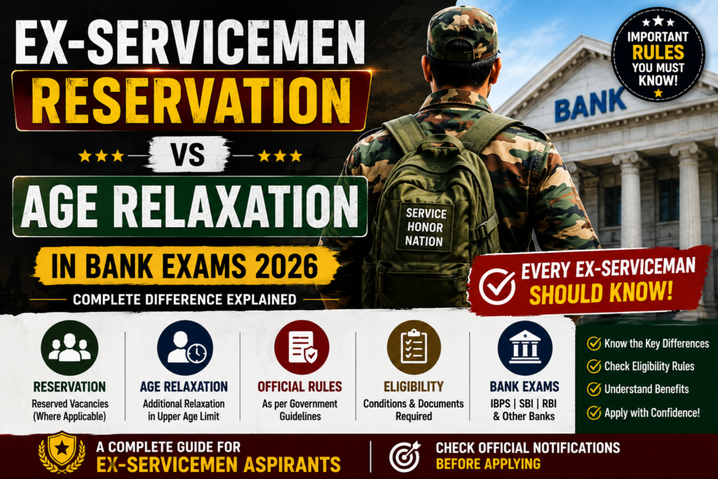 Hero banner for Ex-Servicemen Reservation vs Age Relaxation in Bank Exams 2026 featuring a soldier with a backpack, a bank building, and key information on reservation, age relaxation, eligibility, and official rules.