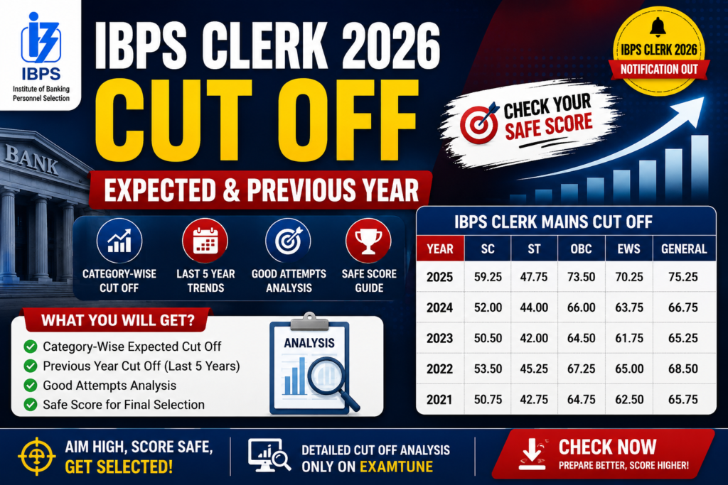 IBPS Clerk Cut Off 2026 banner showing expected and previous year category-wise cut-off marks and safe score analysis.