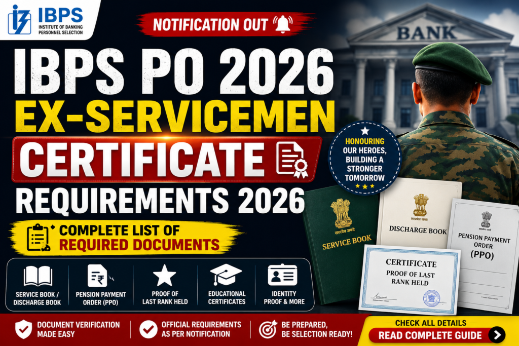 IBPS PO Ex-Servicemen Certificate Requirements 2026 showing the complete list of required certificates and documents as per the official notification.