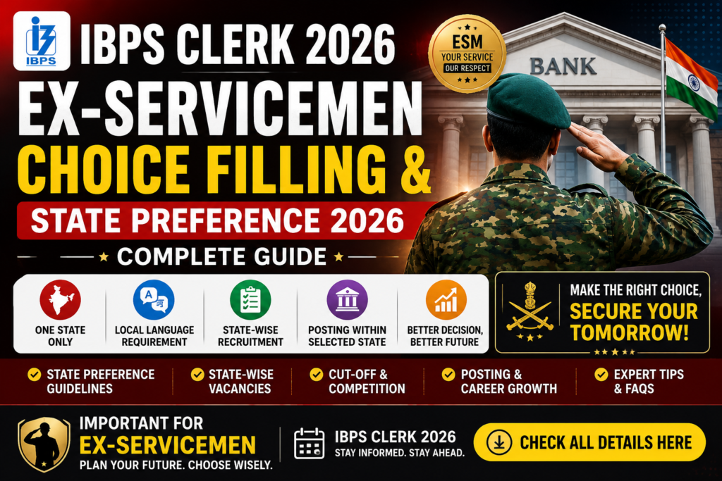 IBPS Clerk Ex-Servicemen Choice Filling & State Preference 2026 guide showing state selection, local language requirement, posting rules, and application process for ESM candidates.