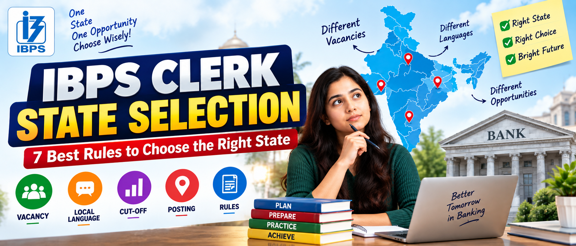IBPS Clerk State Selection guide highlighting local-language requirements, vacancy comparison, previous cut-off trends and posting considerations. The banner features a banking-exam aspirant, a map of India and banking-themed illustrations to introduce the seven rules for choosing a suitable State or Union Territory.