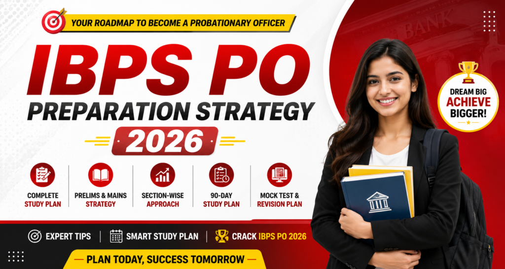 IBPS PO Preparation Strategy 2026 hero banner featuring complete study plan for Prelims and Mains, section-wise preparation strategy, 90-day study plan, mock test and revision plan for IBPS PO 2026 aspirants.