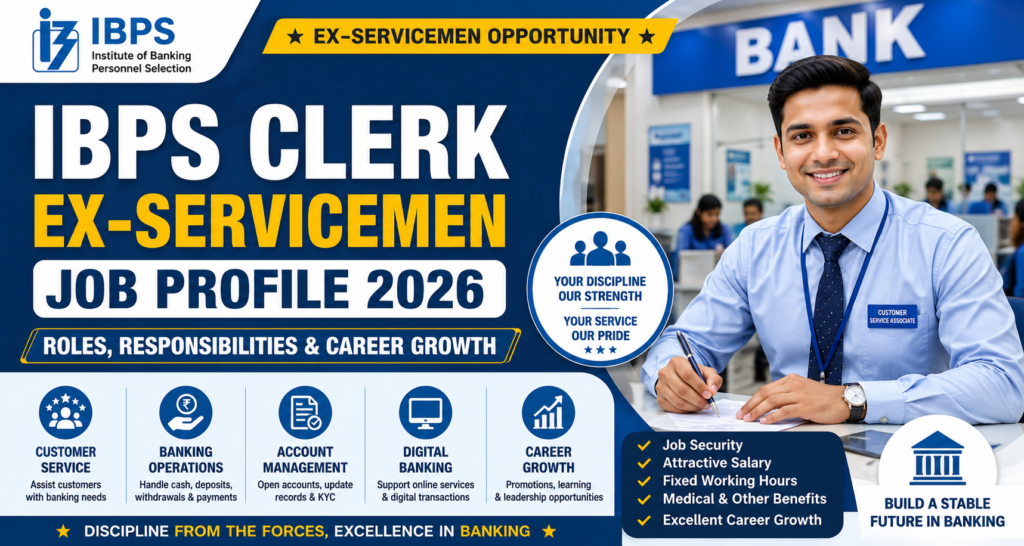 IBPS Clerk Ex-Servicemen Job Profile hero banner featuring roles, responsibilities, daily duties, customer service, banking operations, and career growth opportunities.