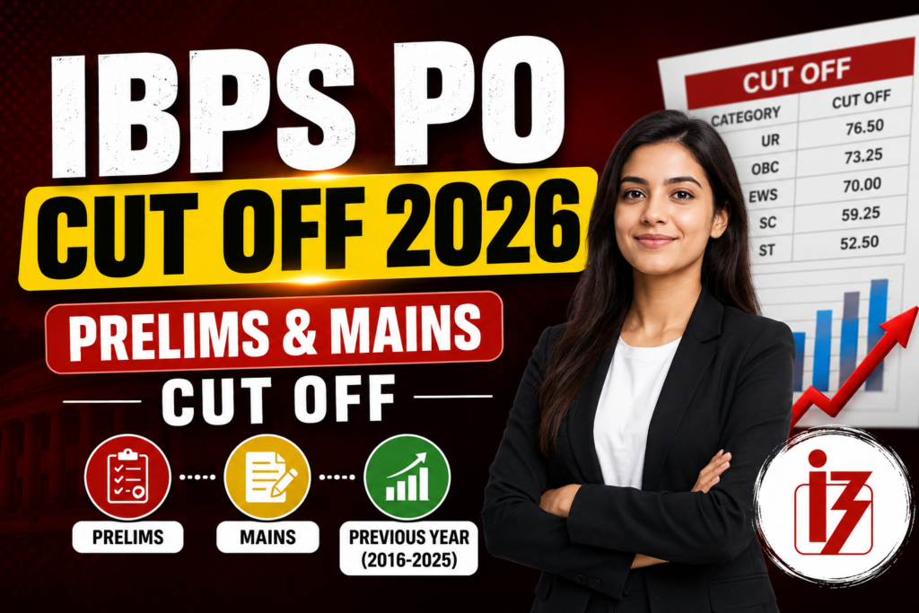 IBPS PO Cut Off 2026 banner showing Prelims & Mains cut off with previous year trends from 2016 to 2025.