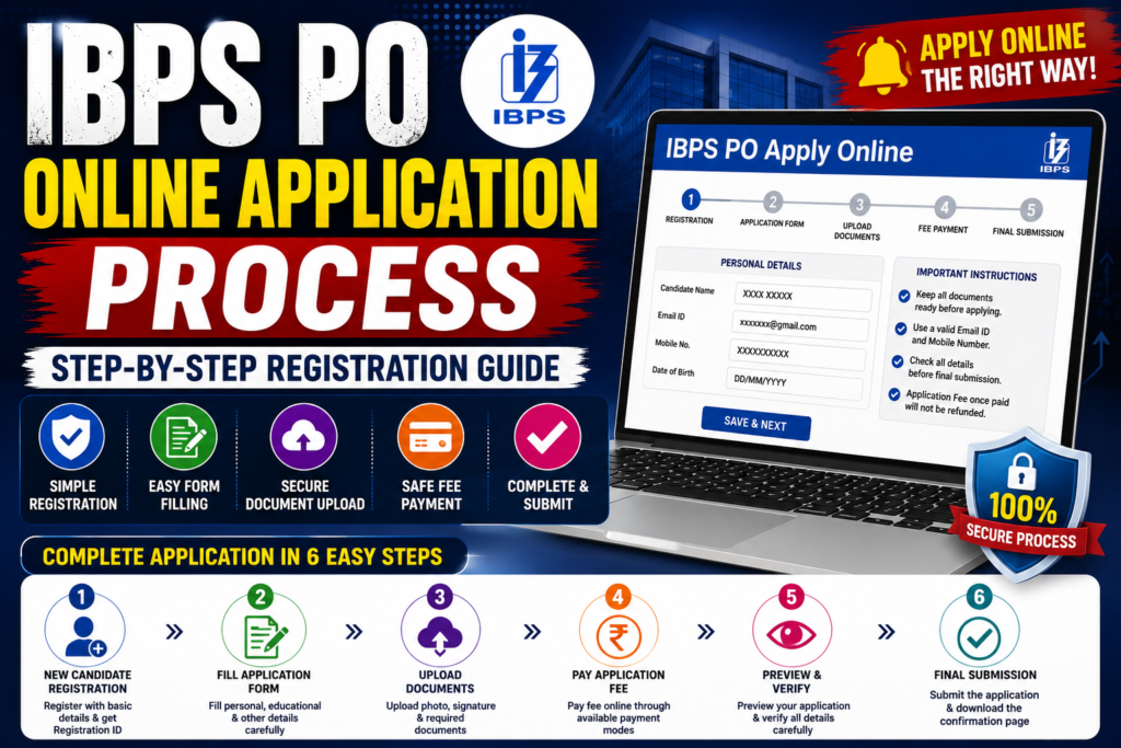 IBPS PO Online Application Process banner showing step-by-step registration, application form filling, document upload, fee payment, application preview, and final submission process.