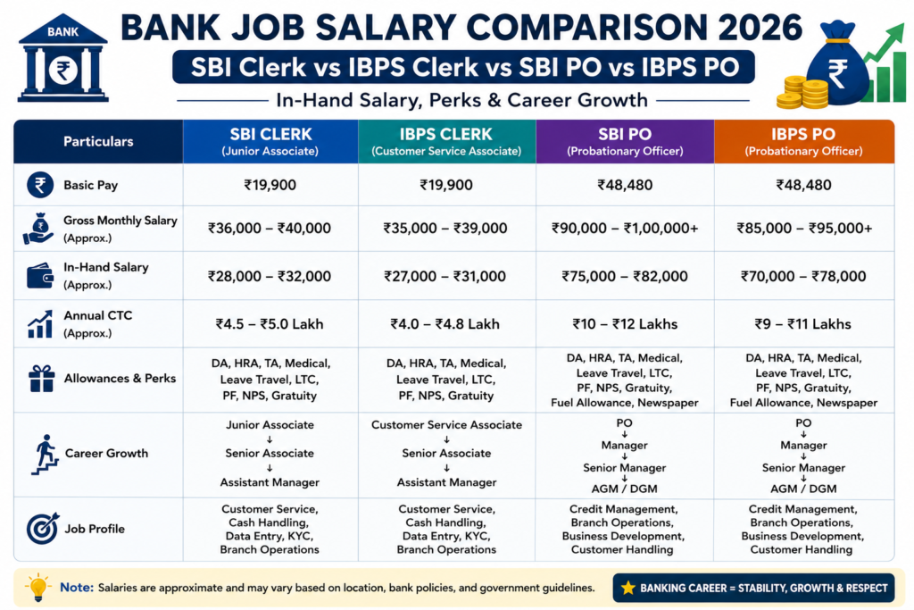 Salary comparison of SBI Clerk IBPS Clerk SBI PO and IBPS PO showing basic pay in-hand salary annual CTC allowances and career growth for Ex-Servicemen