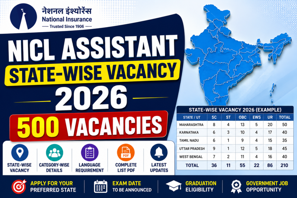 NICL Assistant State-wise Vacancy 2026 hero image showing 500 state-wise Assistant vacancies, India map, category-wise vacancy details, regional language requirement, and National Insurance Company recruitment banner.