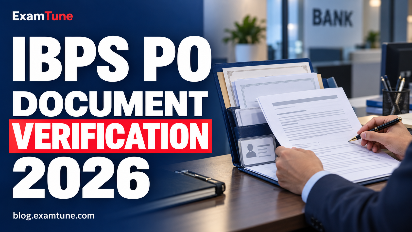 IBPS PO Document Verification 2026 banner showing certificates and identity documents being checked.