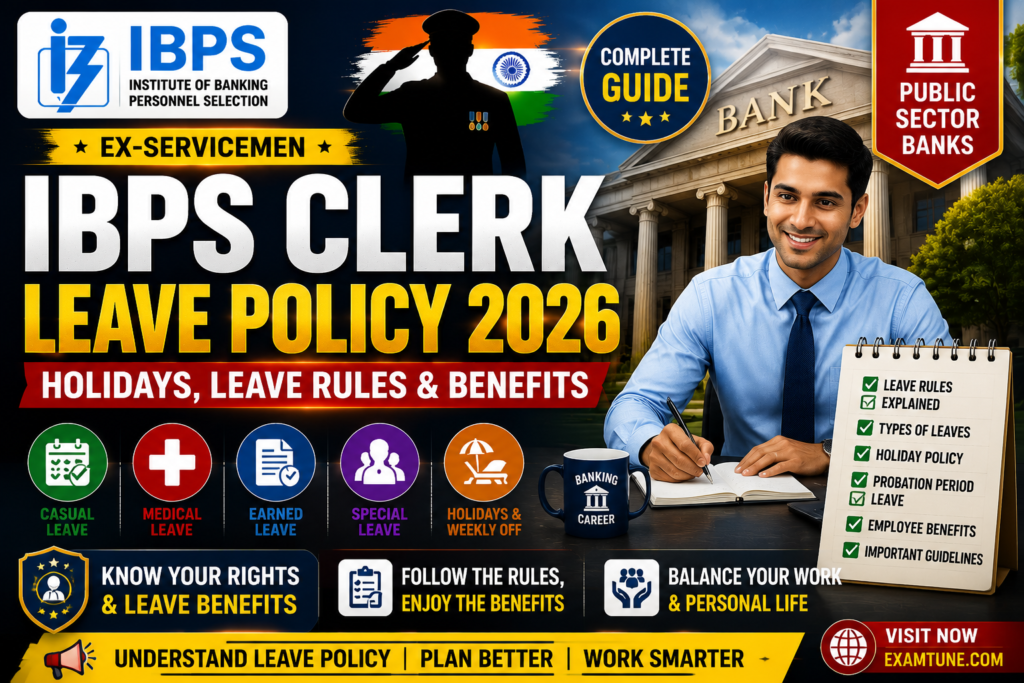 IBPS Clerk Ex-Servicemen Leave Policy 2026 banner highlighting holidays, casual leave, medical leave, earned leave and banking employee benefits.