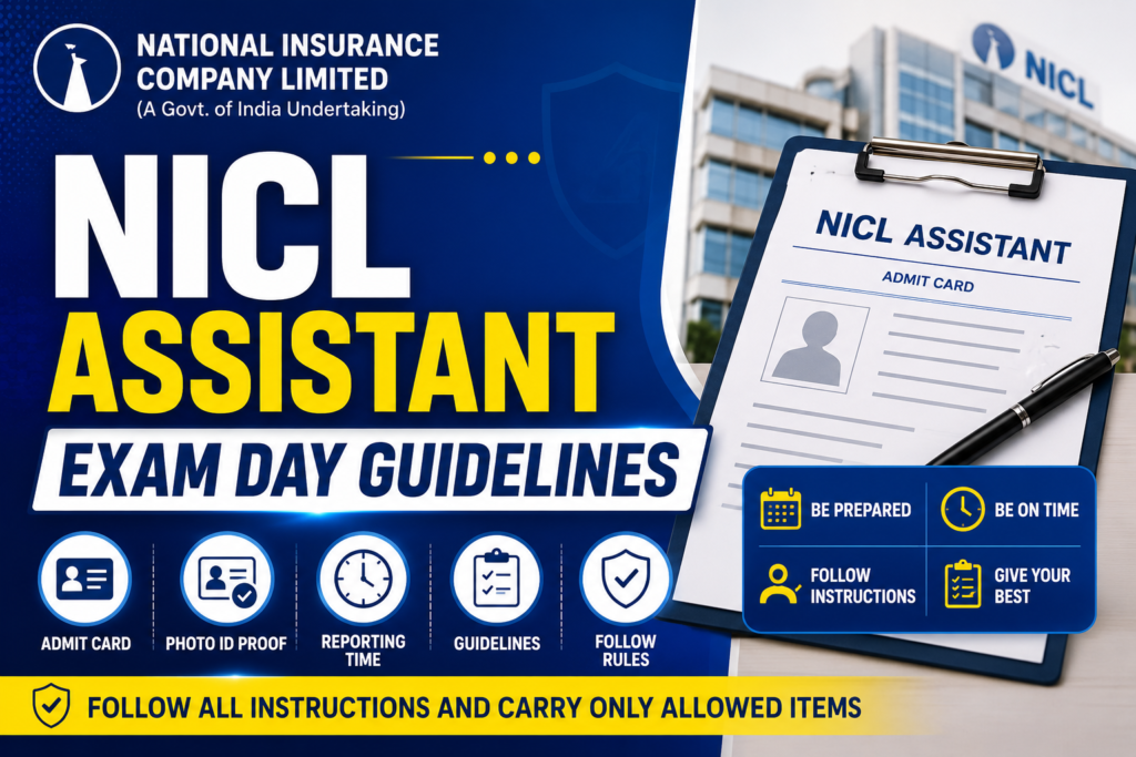 NICL Assistant Exam Day Guidelines 2026: reporting time, admit card, photo ID and exam centre rules