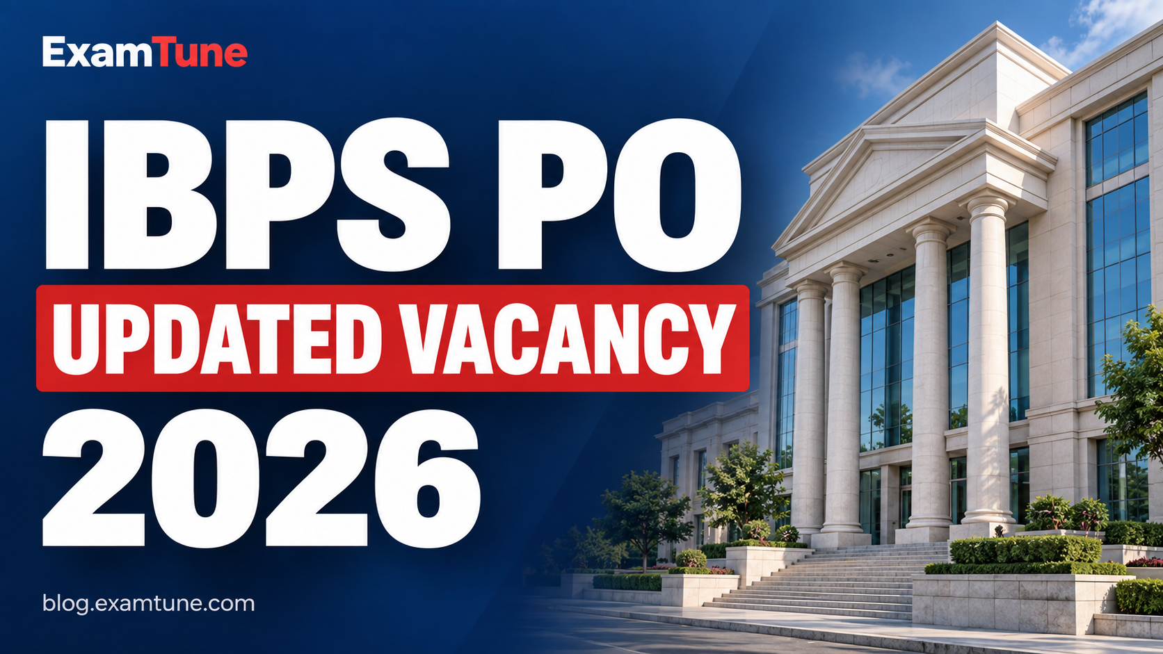 IBPS PO Updated Vacancy 2026 banner by ExamTune with a bank building.