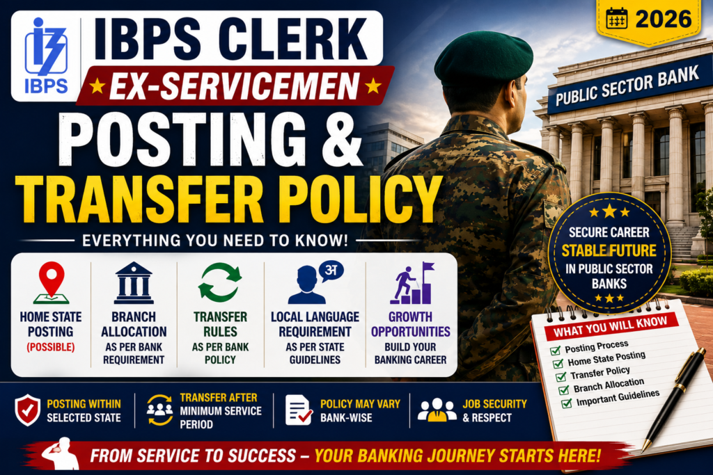 IBPS Clerk Ex-Servicemen Posting & Transfer Policy 2026 banner featuring home state posting, branch allocation, transfer policy, local language requirement, and career opportunities in Public Sector Banks.