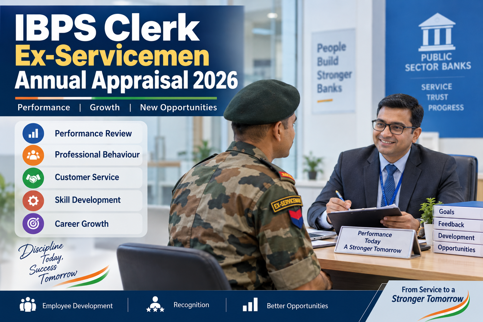 IBPS Clerk Ex-Servicemen Annual Appraisal 2026 illustration showing a performance review discussion with a bank manager.