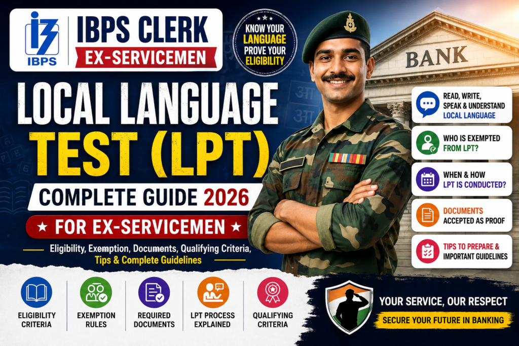 IBPS Clerk Ex-Servicemen Local Language Test (LPT) 2026 hero banner featuring LPT eligibility, exemption rules, language proficiency, required documents, and qualifying criteria.