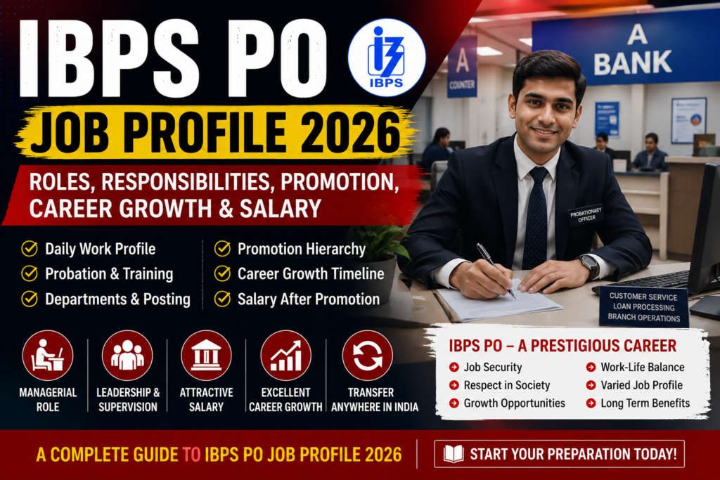 IBPS PO Job Profile 2026 hero banner showing a Probationary Officer working in a public sector bank, highlighting roles, responsibilities, promotion, career growth, salary, probation, and transfer policy.