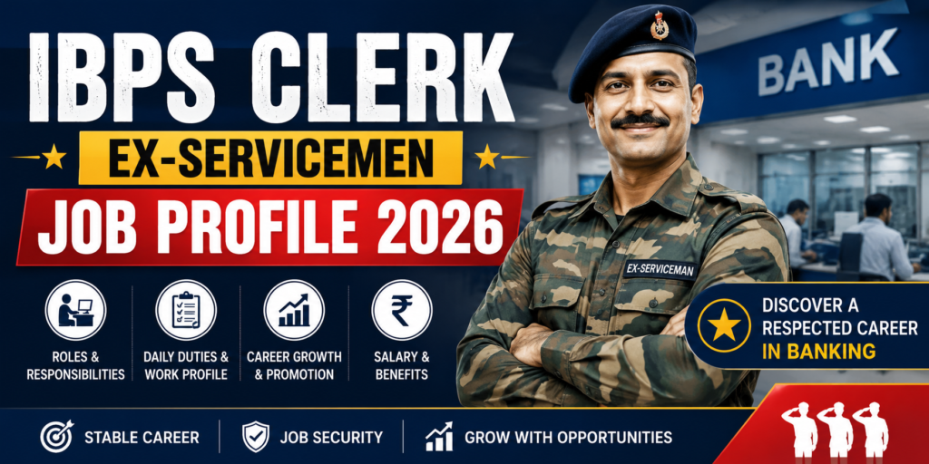 IBPS Clerk Ex-Servicemen Job Profile 2026 hero banner highlighting roles, responsibilities, daily duties, salary, career growth, and promotion opportunities for ex-servicemen in banking.