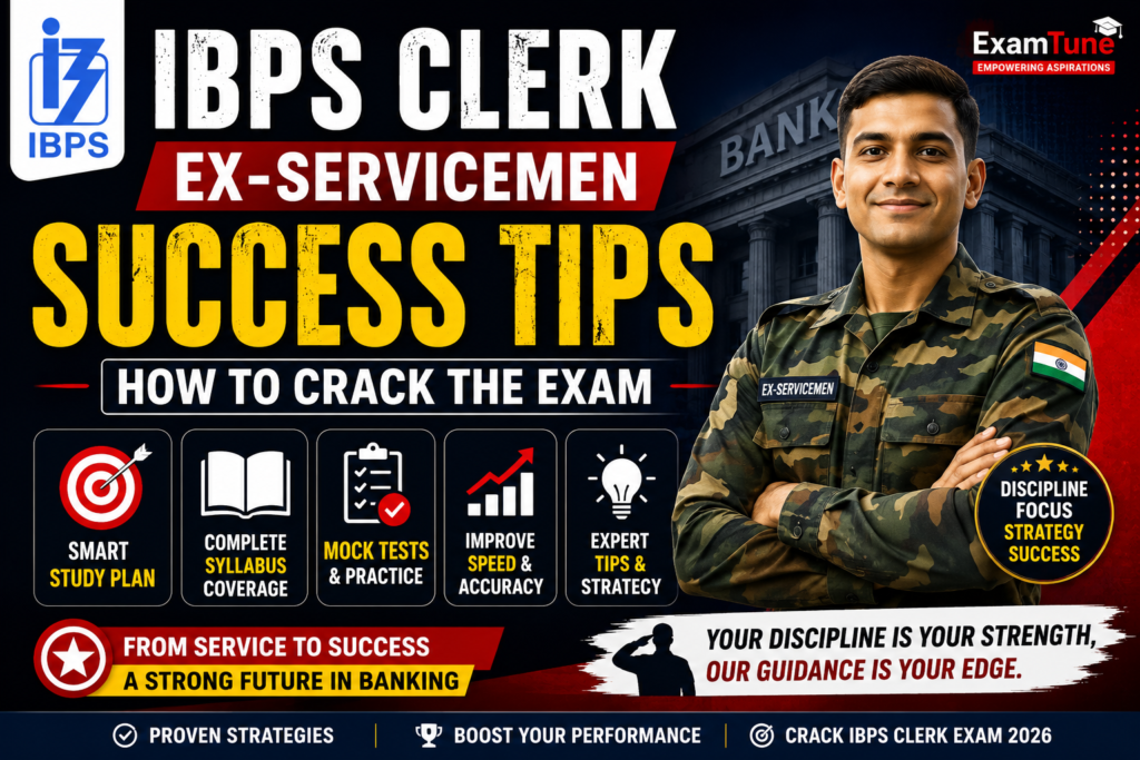 BPS Clerk Ex-Servicemen Success Tips hero banner featuring expert preparation strategies, study plan, mock tests, previous year papers, and time management tips.