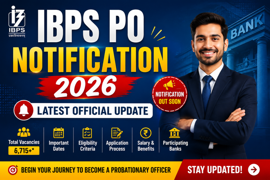IBPS PO Notification 2026 banner highlighting the latest official update, vacancies, eligibility, application process, important dates, salary, and participating banks.