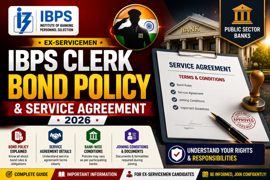 IBPS Clerk Ex-Servicemen Bond Policy 2026 hero banner highlighting service agreement, joining conditions, appointment letter, and bank employment rules.