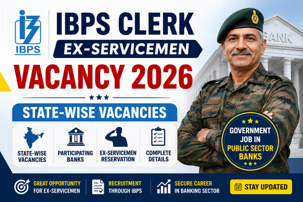 IBPS Clerk Ex-Servicemen Vacancy 2026 hero banner highlighting expected state-wise vacancies, participating banks, reservation details, and recruitment updates for Ex-Servicemen candidates.