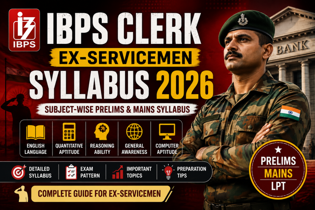 IBPS Clerk Ex-Servicemen Syllabus 2026 hero banner featuring subject-wise Prelims and Mains syllabus, exam pattern, important topics, preparation tips, and banking exam guidance for Ex-Servicemen candidates.