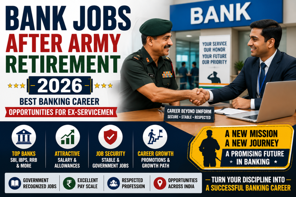Bank Jobs After Army Retirement 2026 banner featuring Ex-Serviceman exploring banking career opportunities including SBI IBPS salary job security and career growth