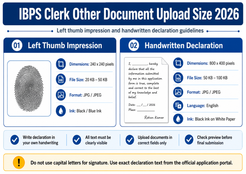 IBPS Clerk Handwritten Declaration and Thumb Impression Size 2026
