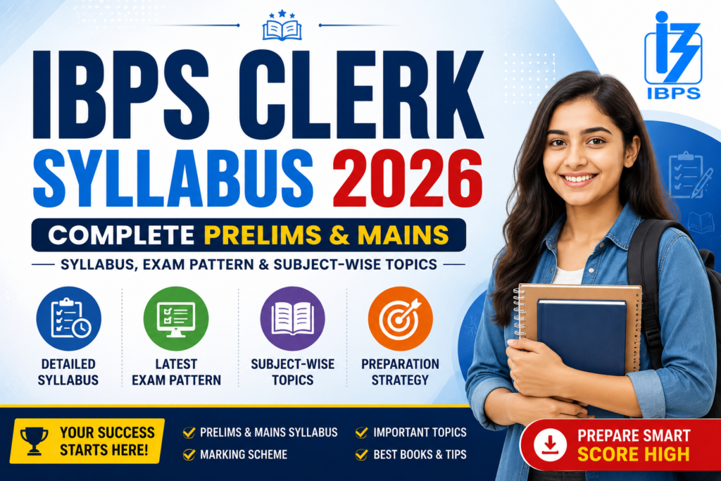 IBPS Clerk Syllabus 2026 banner showing Prelims & Mains syllabus, exam pattern, subject-wise topics, and preparation guide.