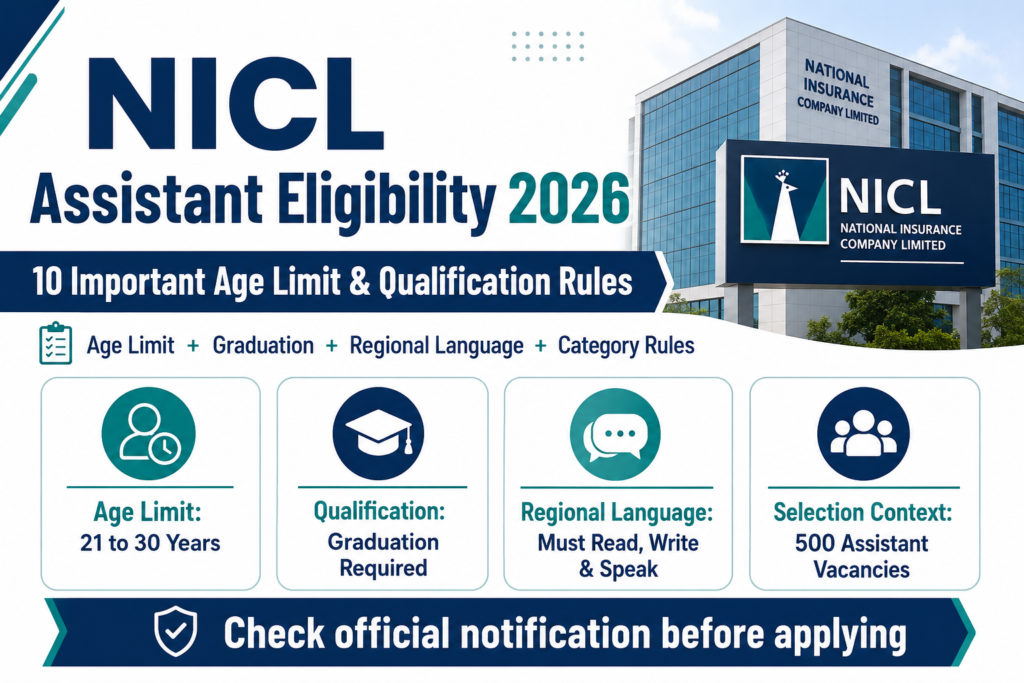 NICL Assistant Eligibility 2026 infographic showing age limit, graduation requirement, regional language and 500 vacancies