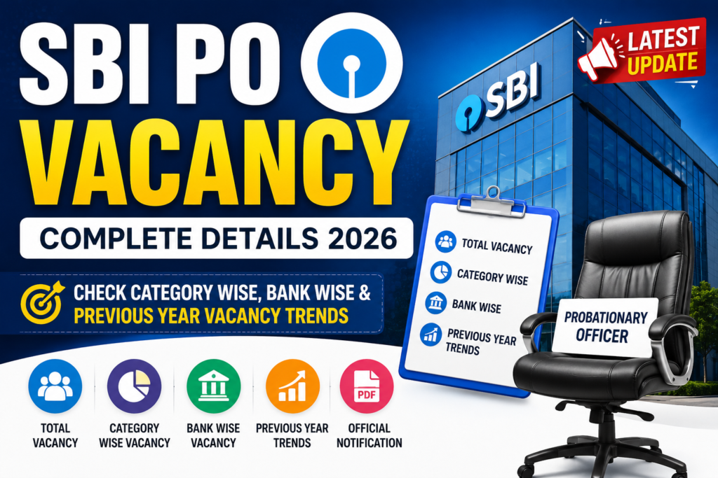 SBI PO Vacancy banner showing category-wise vacancies, bank-wise posts, previous year vacancy trends, and official recruitment details.